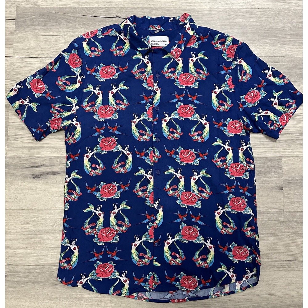 Hey There Sailor Shirt Mens M Button Up Mermaid Pin Up Navy 4th Dimension